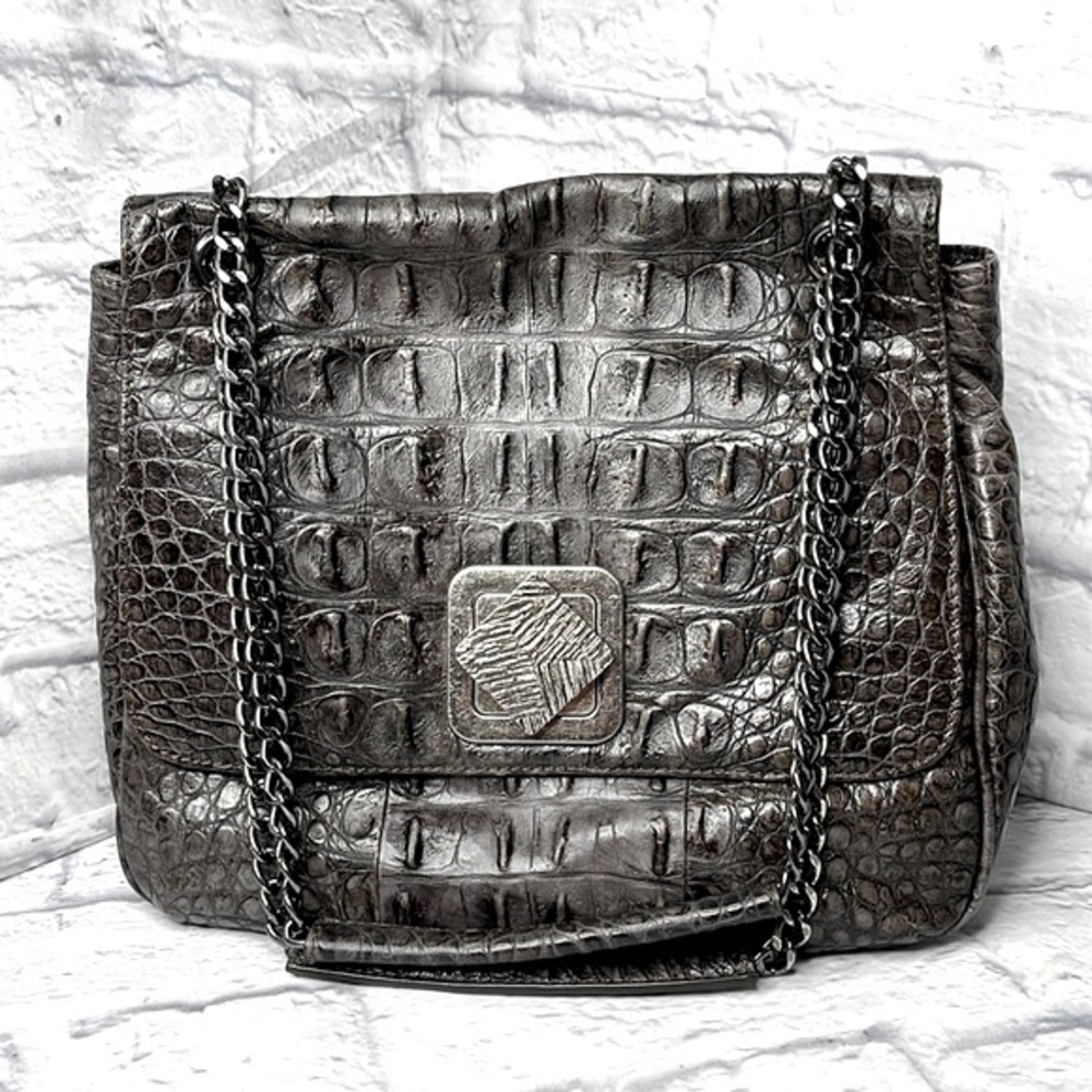 Sondra Roberts Gray Flap Handbag Fossil Embossed Dual Gun Metal Long Chain Strap